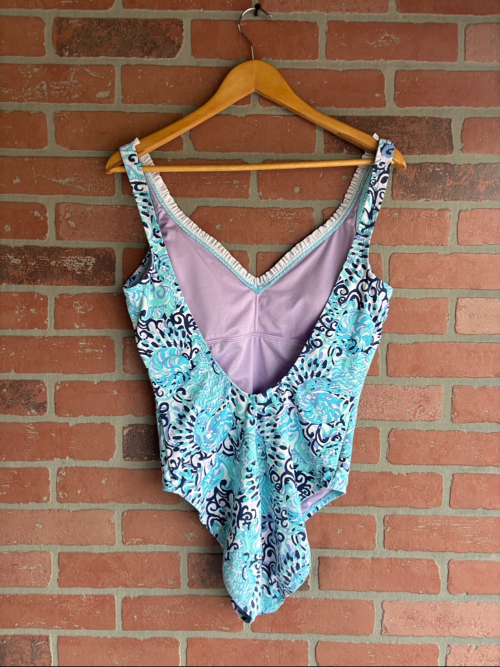 Lilly Pulitzer Araza Light Blue & Navy Floral V-Neck One-Piece Swimsuit - Picture 4 of 6